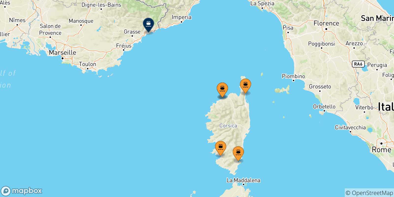 Mappa delle possibili rotte tra la Corsica e Nizza