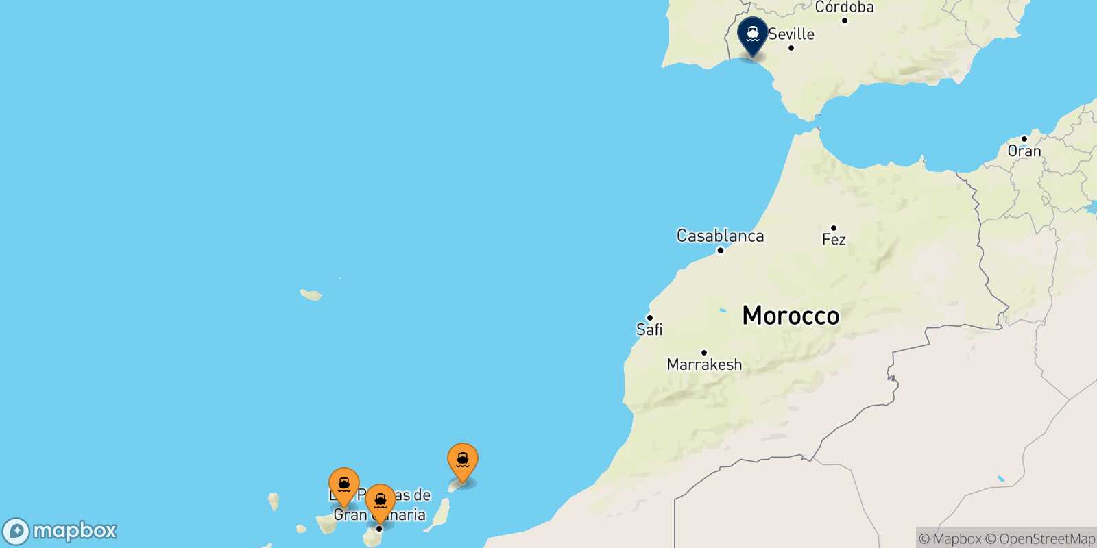 Mappa dei porti collegati con  Huelva