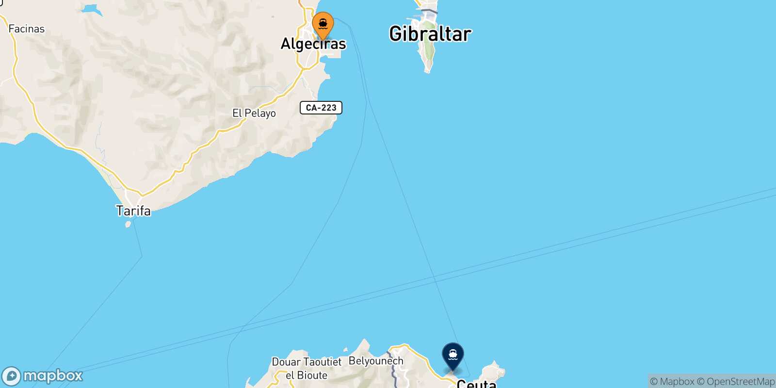 Mappa della rotta Algeciras Ceuta