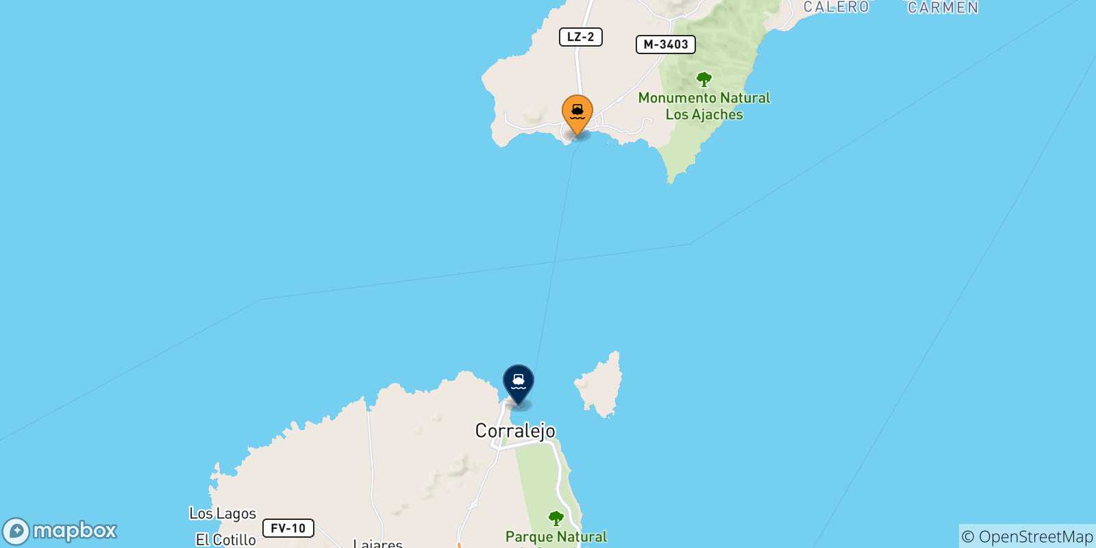 Mappa delle possibili rotte tra la Spagna e Corralejo (Fuerteventura)