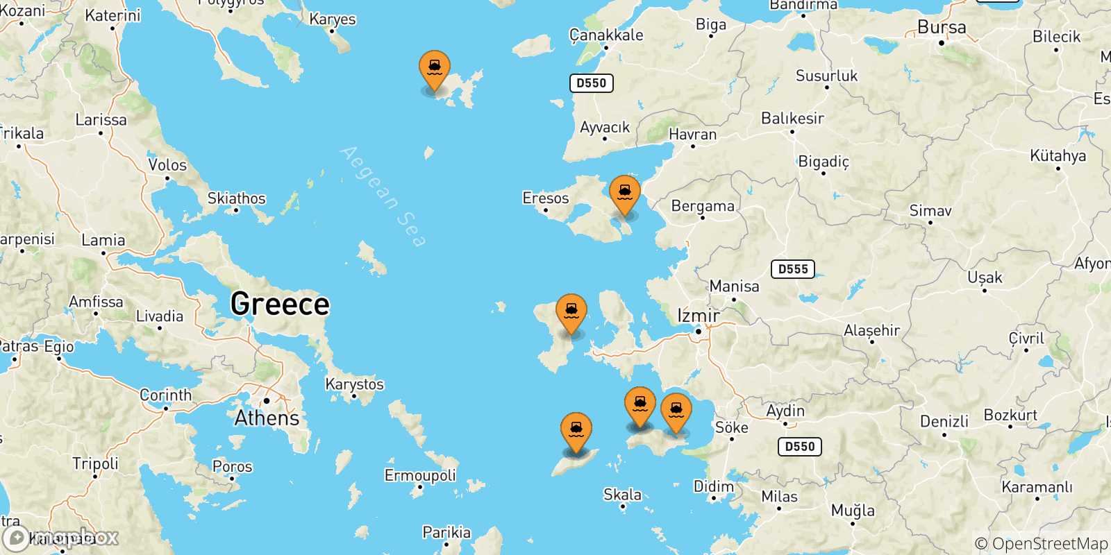 Mappa delle possibili rotte tra le Isole Egeo Nord Orientale e Fourni