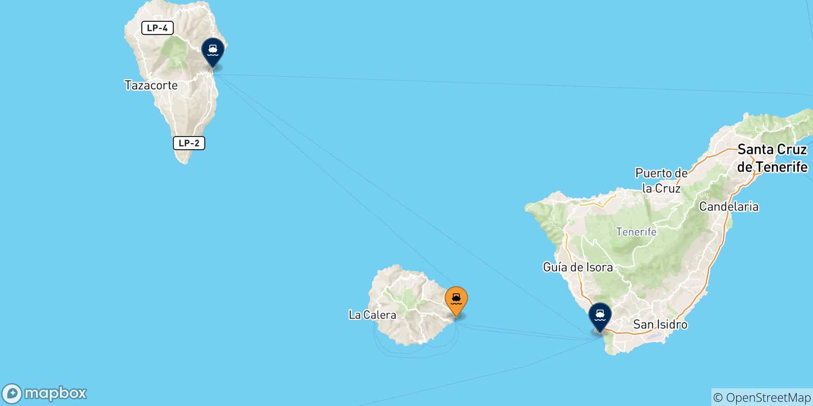 Mappa delle possibili rotte tra San Sebastian De La Gomera e le Isole Canarie