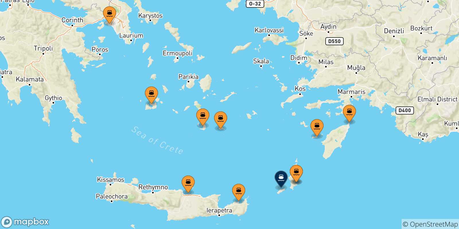 Mappa delle possibili rotte tra la Grecia e Kasos