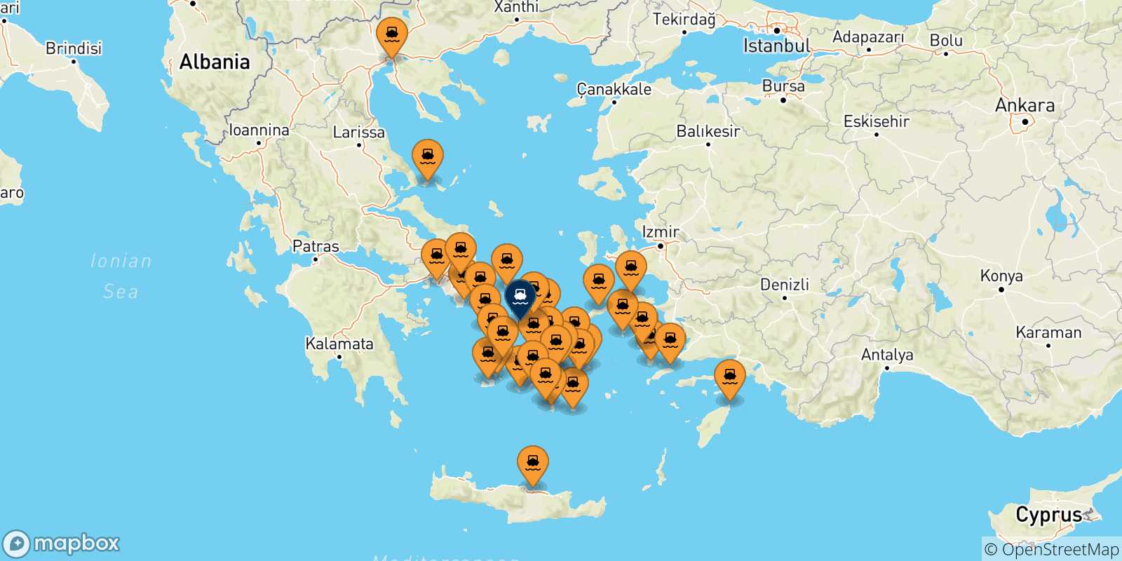 Mappa delle possibili rotte tra la Grecia e Syros