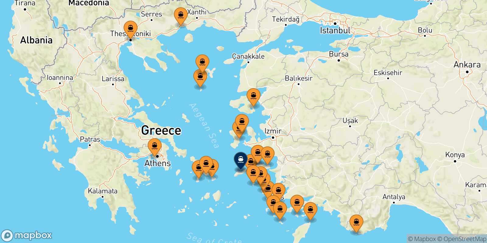 Mappa dei porti collegati con  Agios Kirikos (Ikaria)