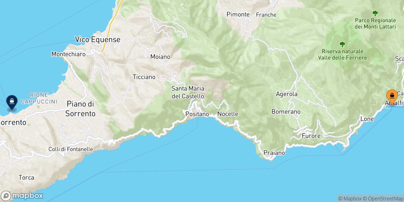 Mappa della rotta Amalfi Sorrento