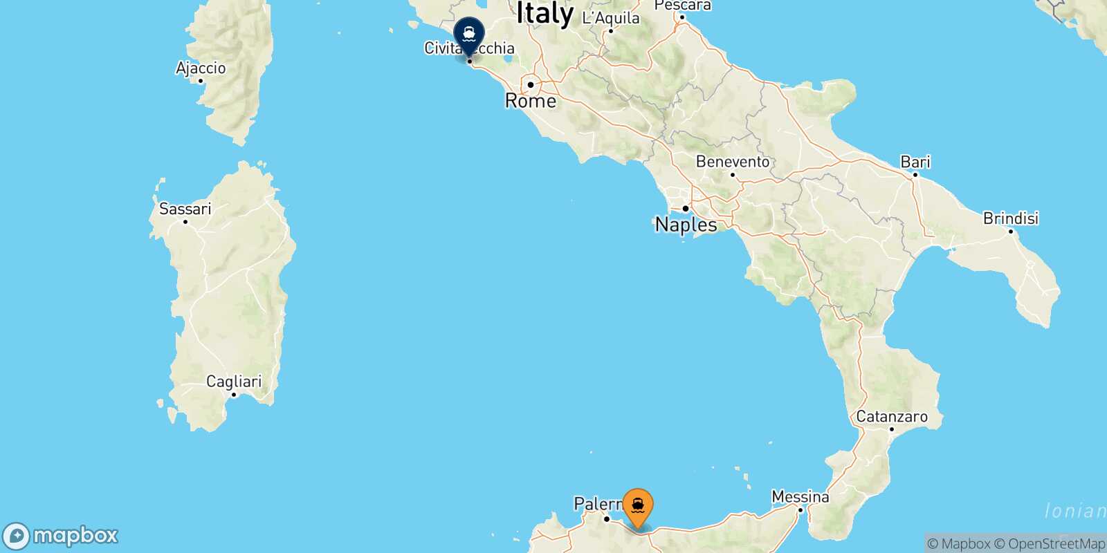Mappa della rotta Termini Imerese Civitavecchia