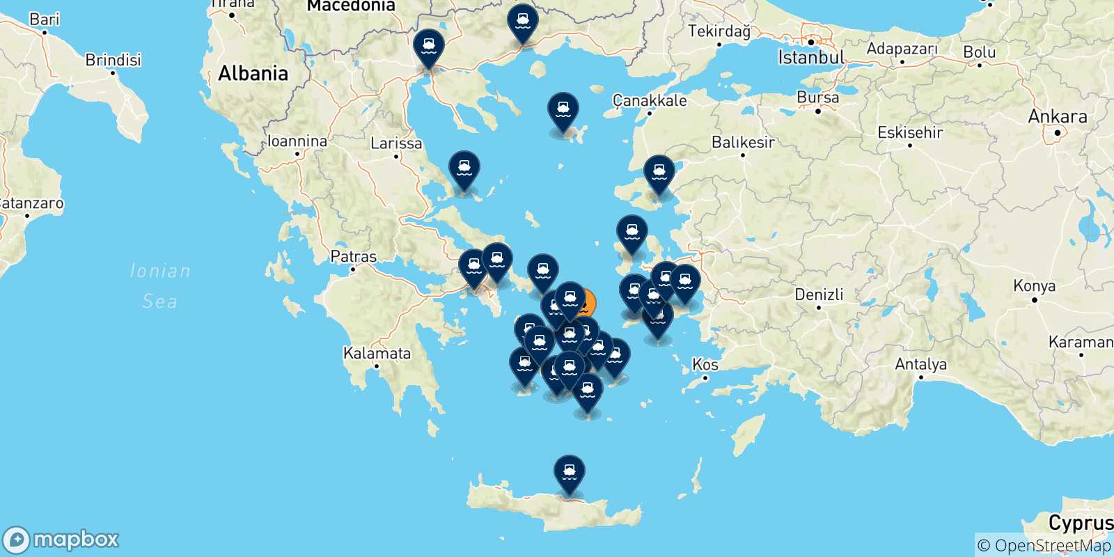 Mappa delle possibili rotte tra Mykonos e la Grecia