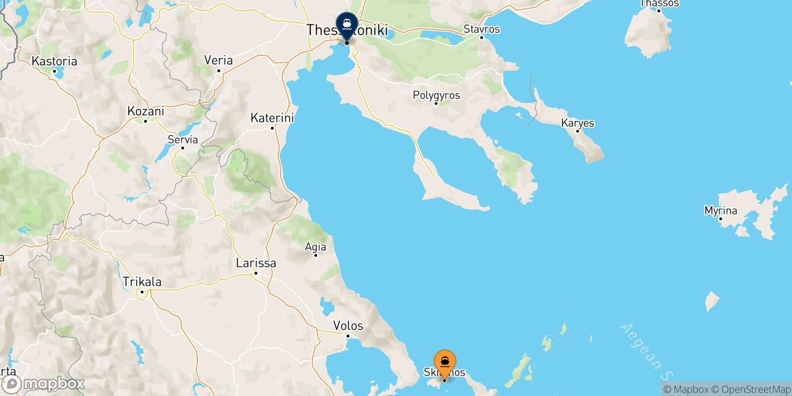 Mappa della rotta Skiathos Salonicco