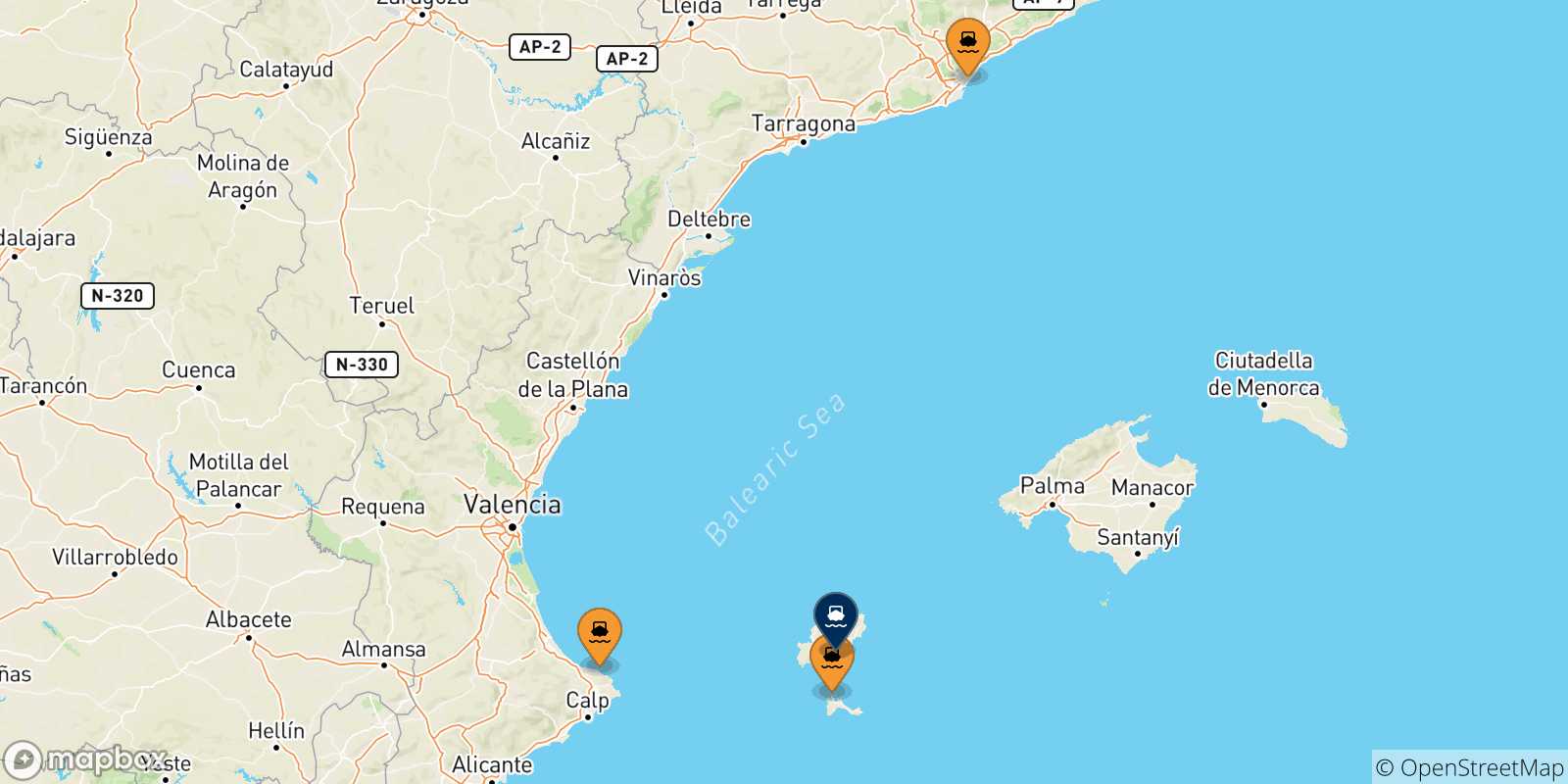 Mappa delle possibili rotte tra la Spagna e Ibiza