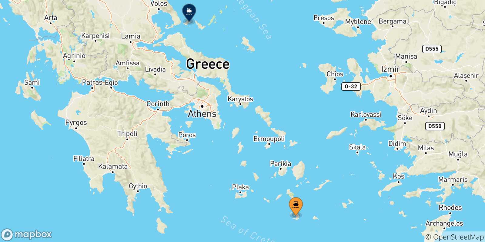 Mappa delle possibili rotte tra Santorini e le Isole Sporadi