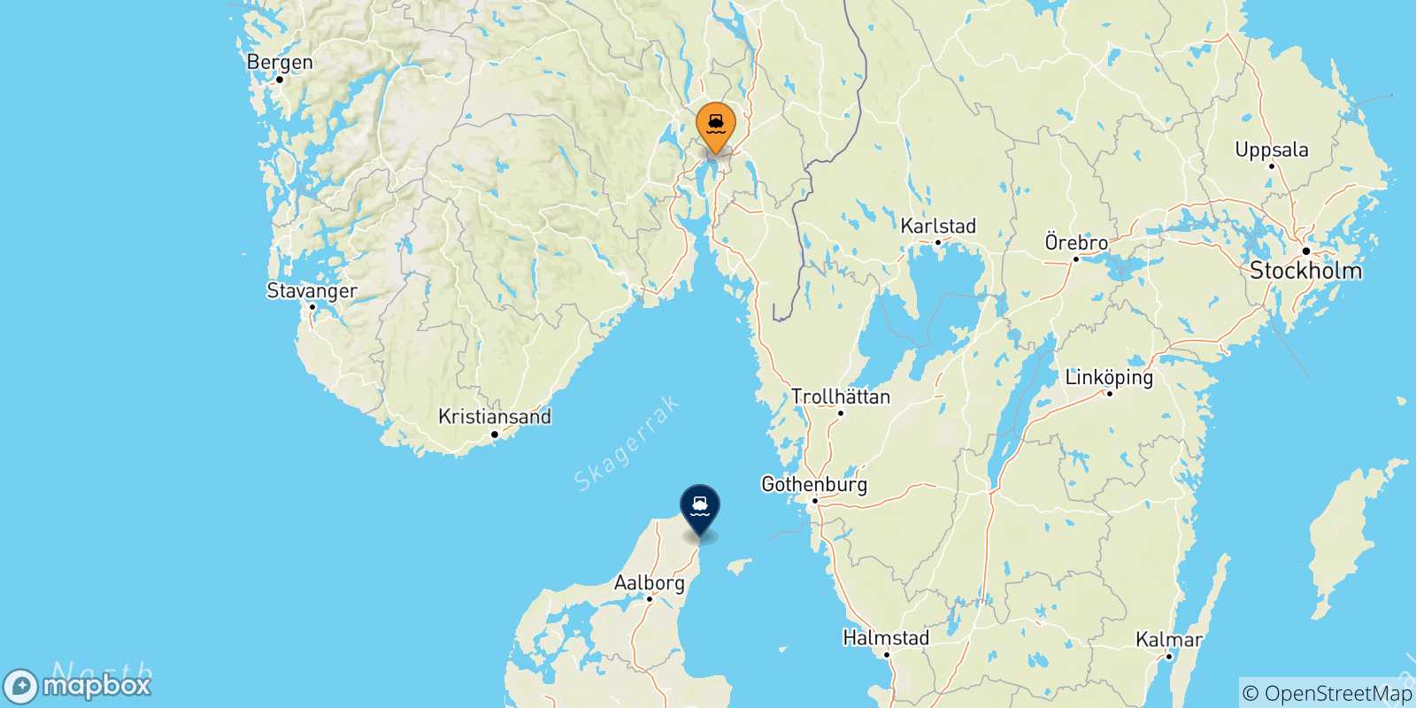 Mappa delle possibili rotte tra la Norvegia e Frederikshavn