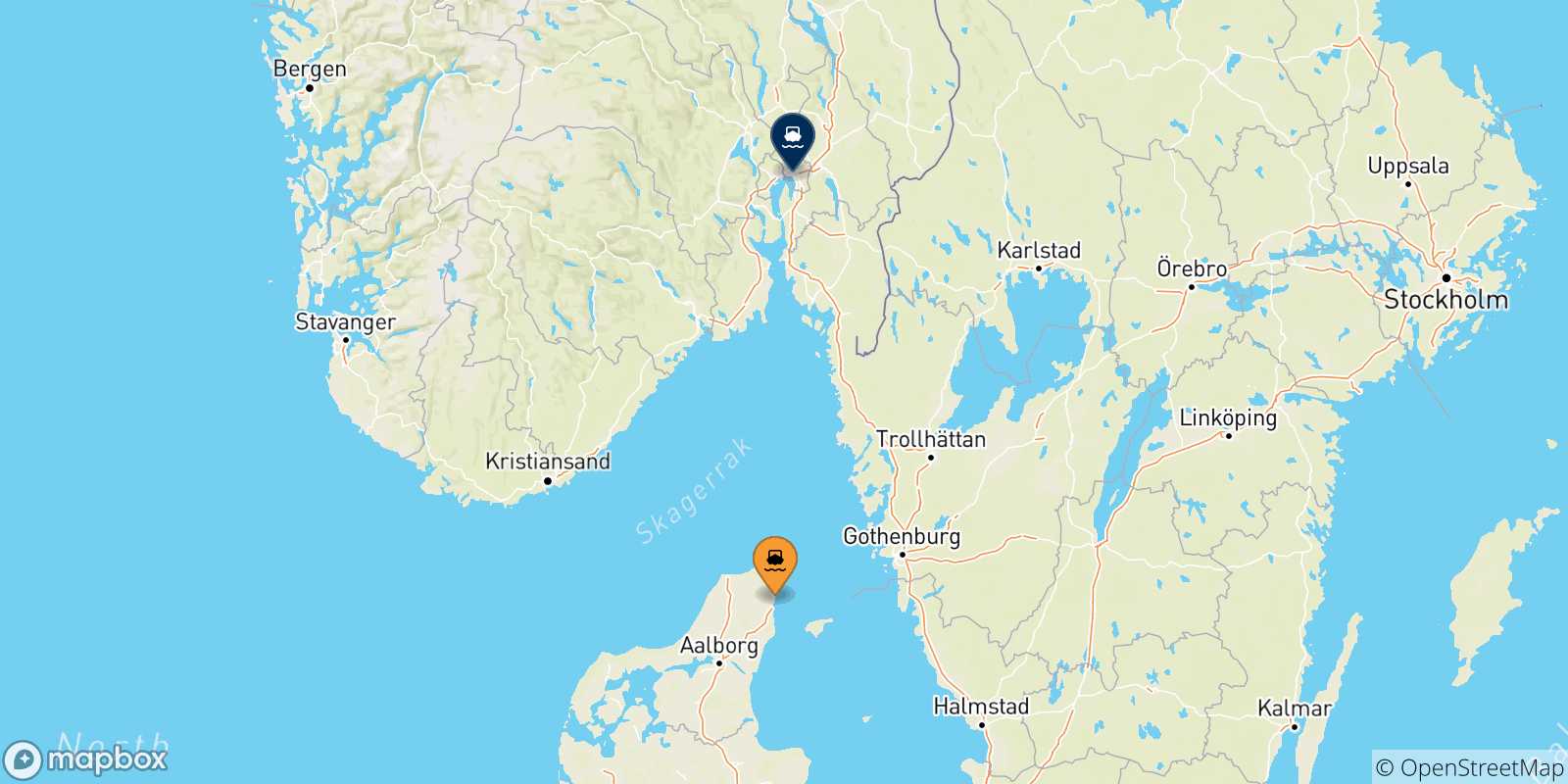 Mappa delle possibili rotte tra Frederikshavn e la Norvegia