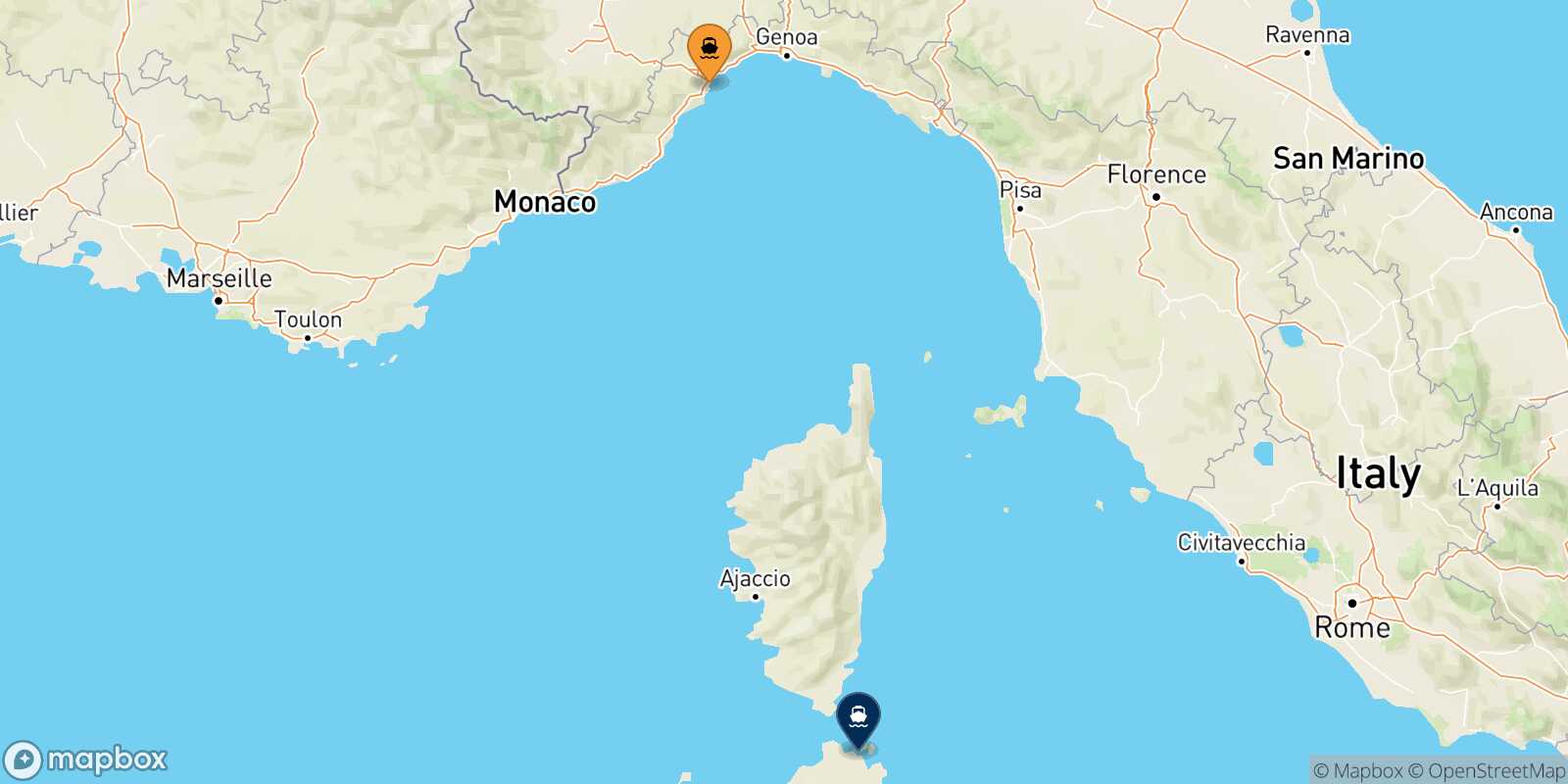 Mappa della rotta Savona Golfo Aranci