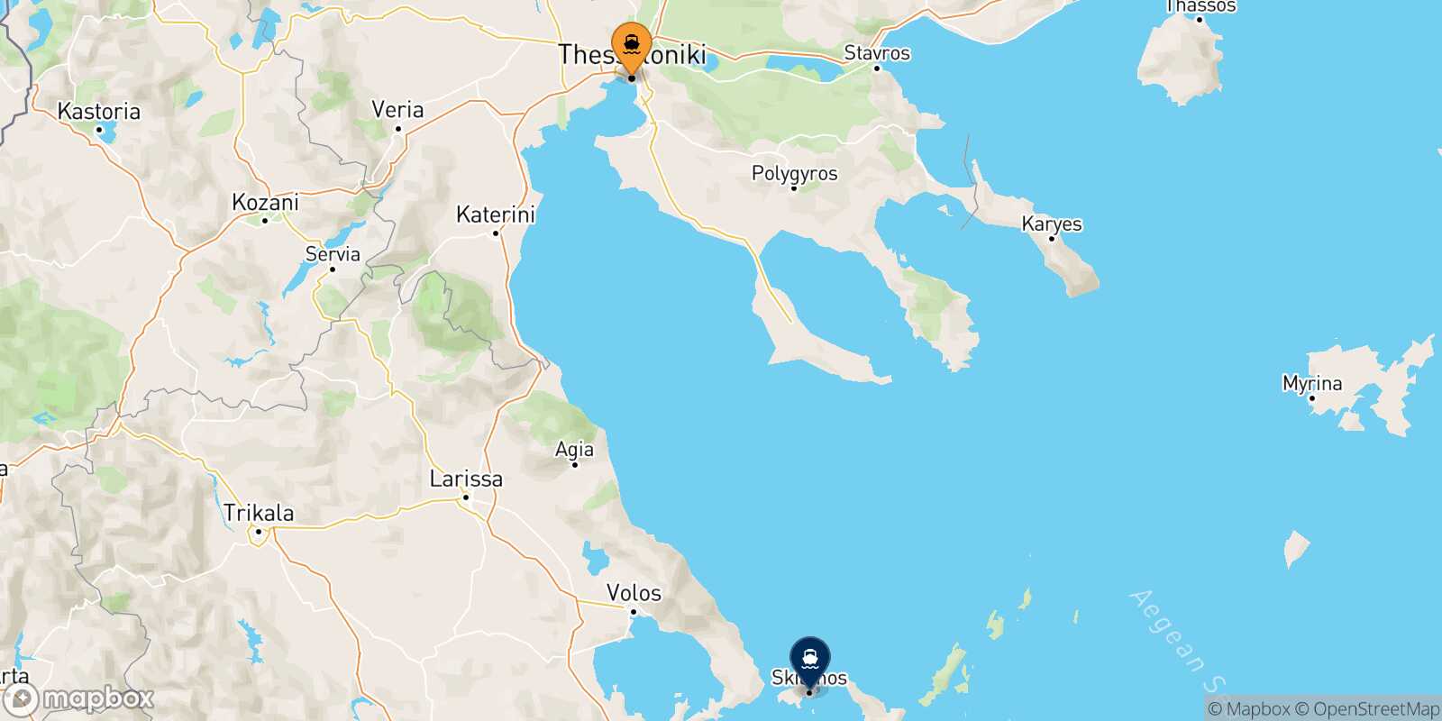 Mappa della rotta Salonicco Skiathos