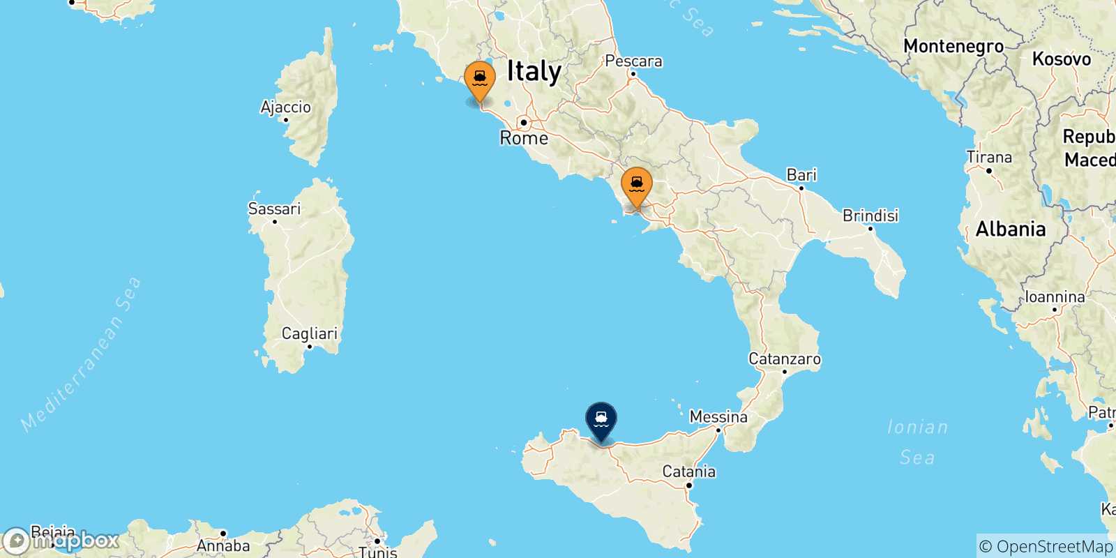 Mappa delle possibili rotte tra l'Italia e Termini Imerese