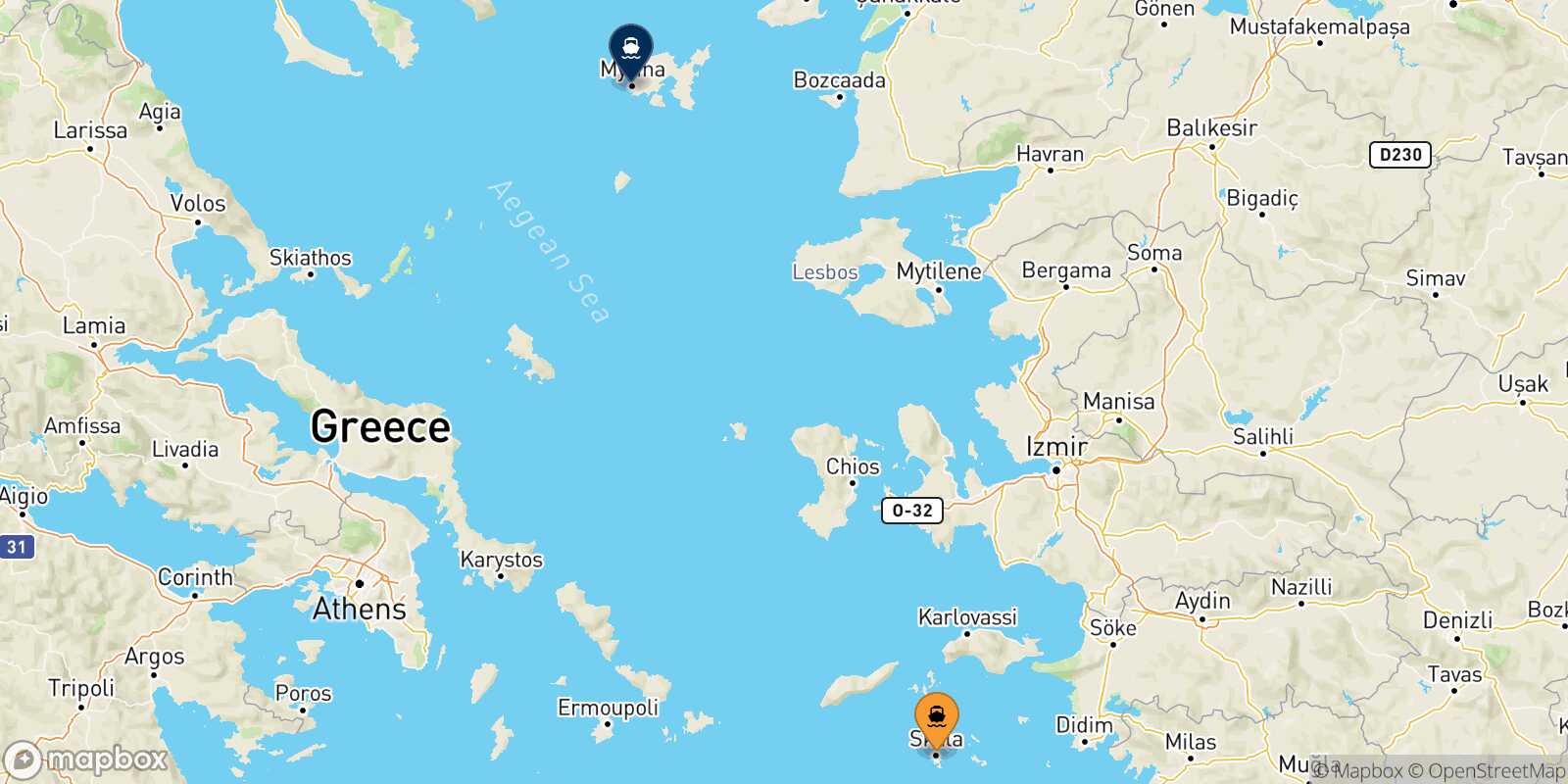 Mappa della rotta Patmos Mirina (Limnos)
