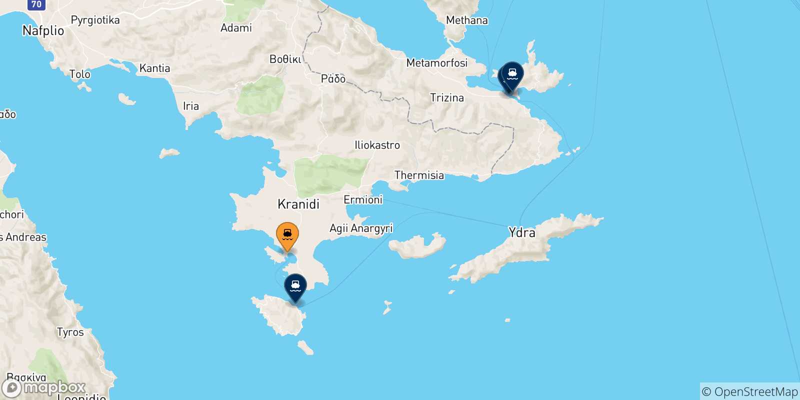 Mappa delle possibili rotte tra Porto Heli e le Isole Saroniche