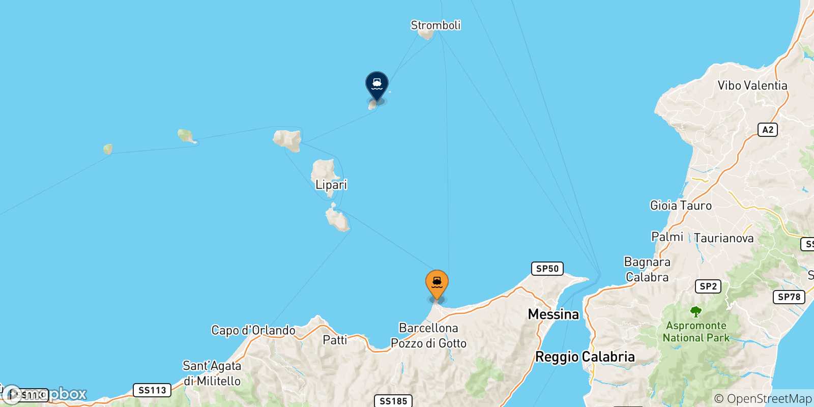 Mappa delle possibili rotte tra la Sicilia e Panarea