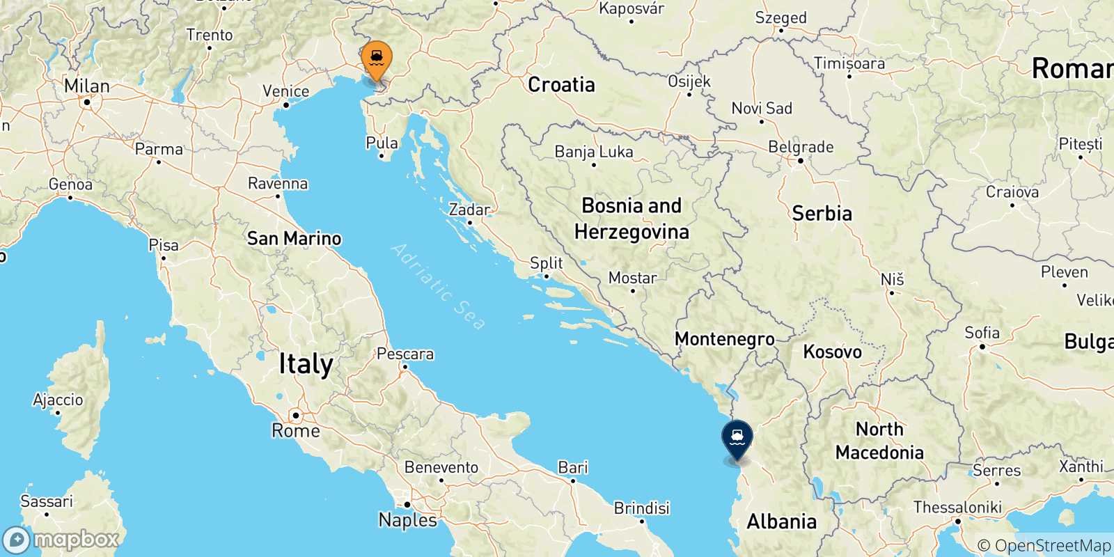 Mappa delle possibili rotte tra Trieste e l'Albania