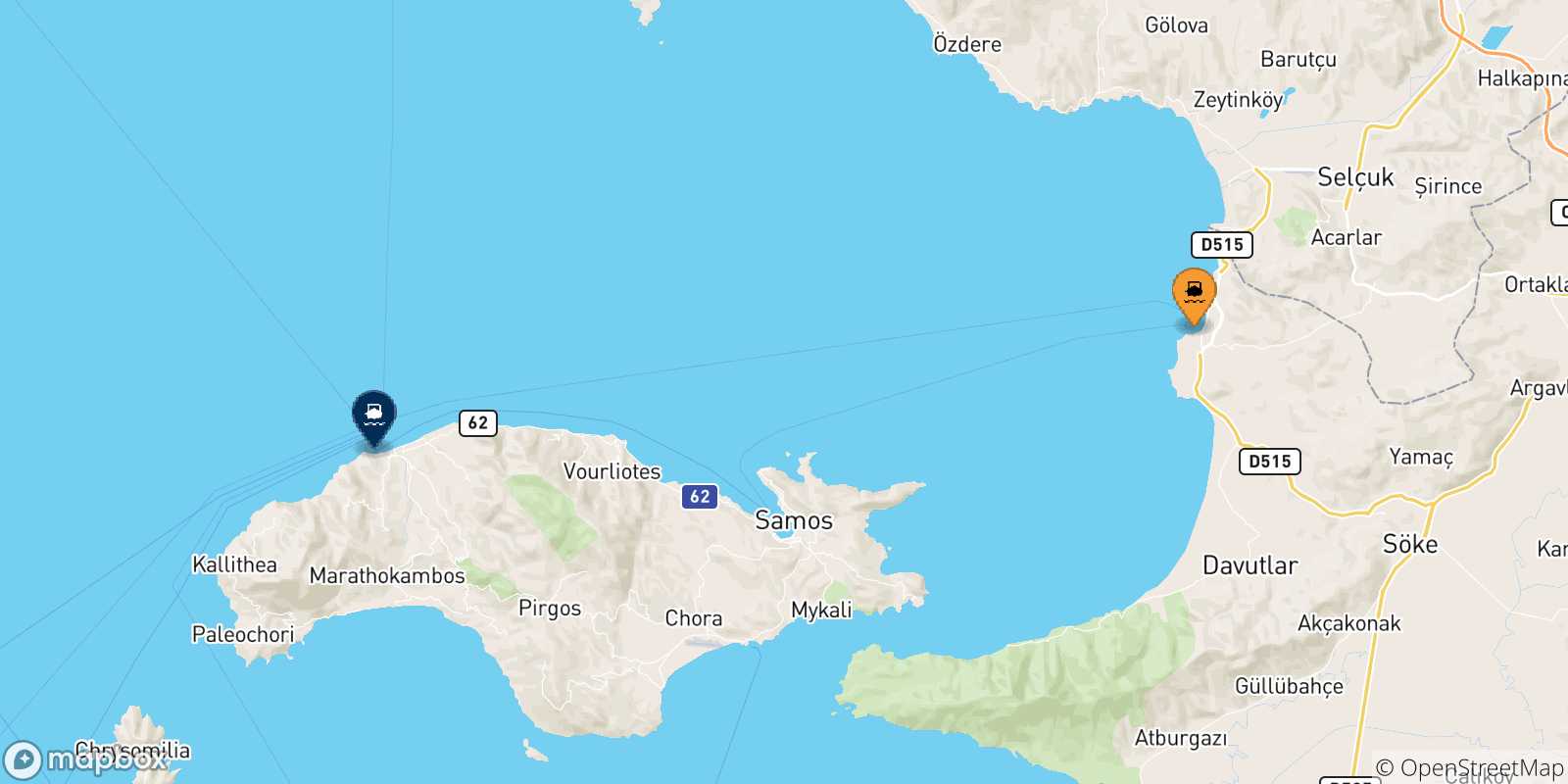 Mappa delle possibili rotte tra la Turchia e Pythagorio (Samos)