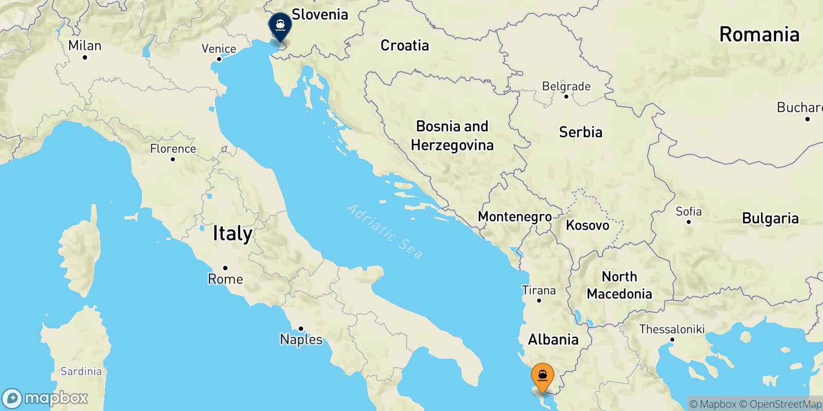 Mappa della rotta Corfu Trieste