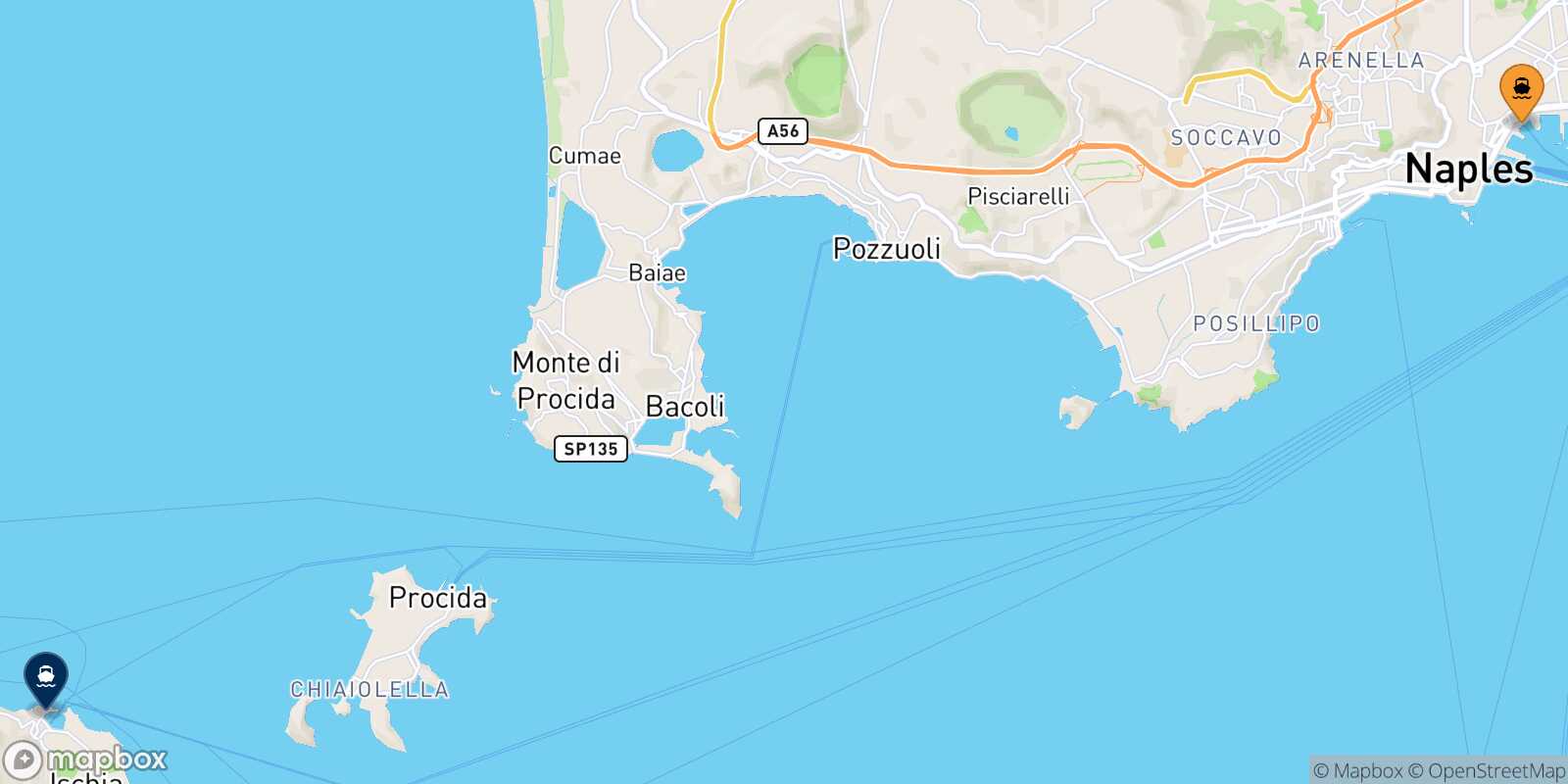 Mappa della rotta Napoli Beverello Forio (Ischia)