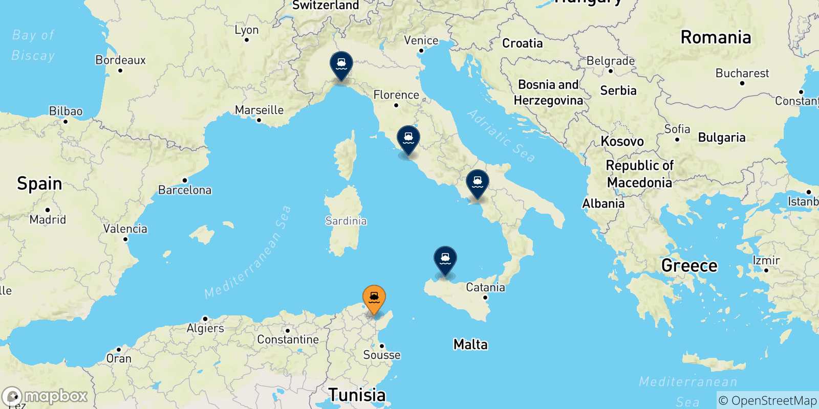 Mappa delle possibili rotte tra Tunisi e l'Italia