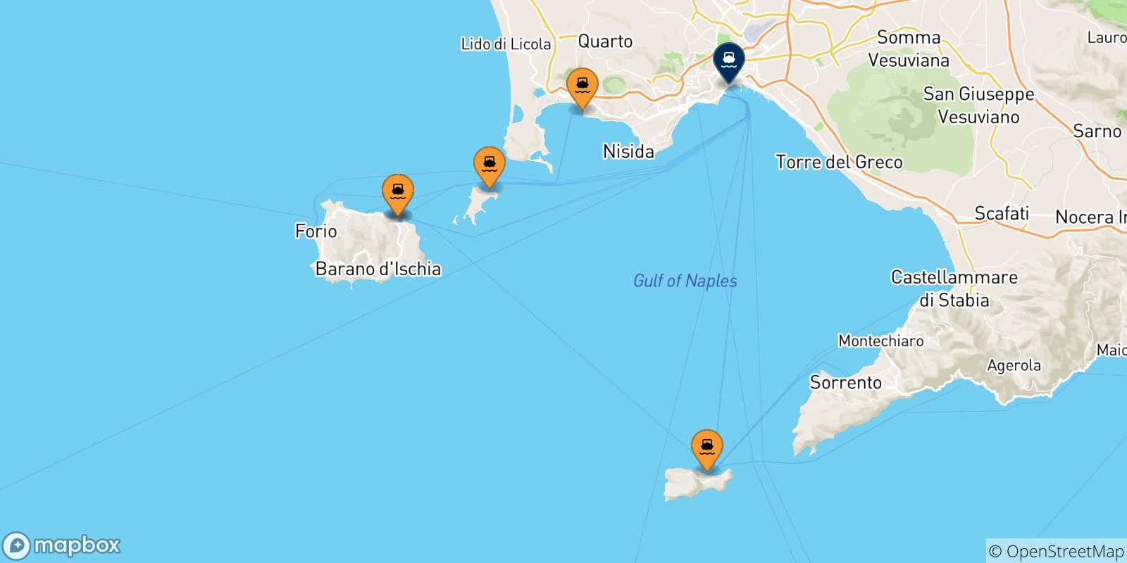 Mappa delle possibili rotte tra il Golfo Di Napoli e Napoli Beverello