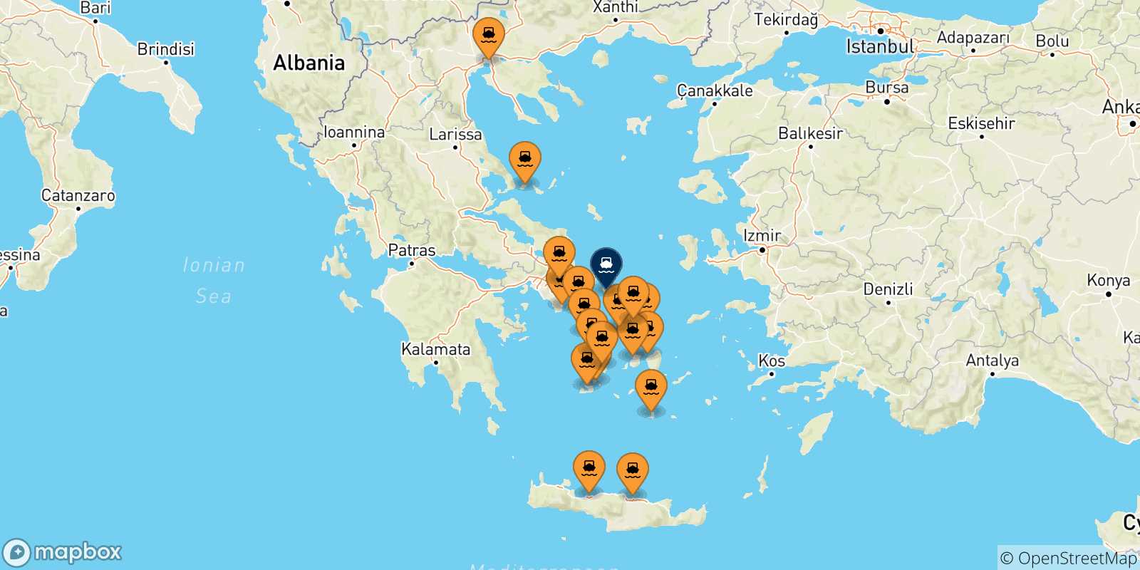 Mappa delle possibili rotte tra la Grecia e Andros