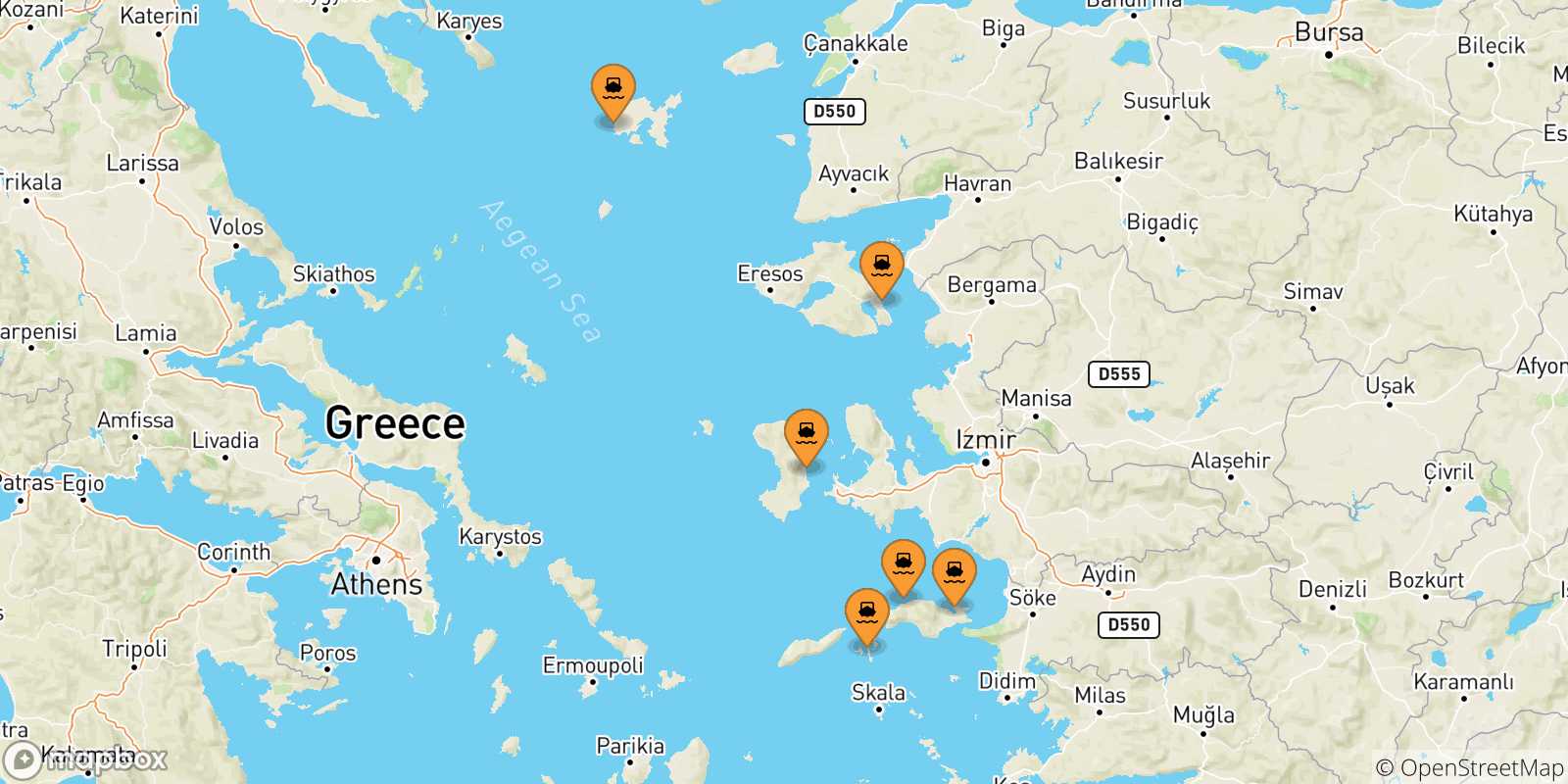 Mappa delle possibili rotte tra le Isole Egeo Nord Orientale e Evdilos (Ikaria)