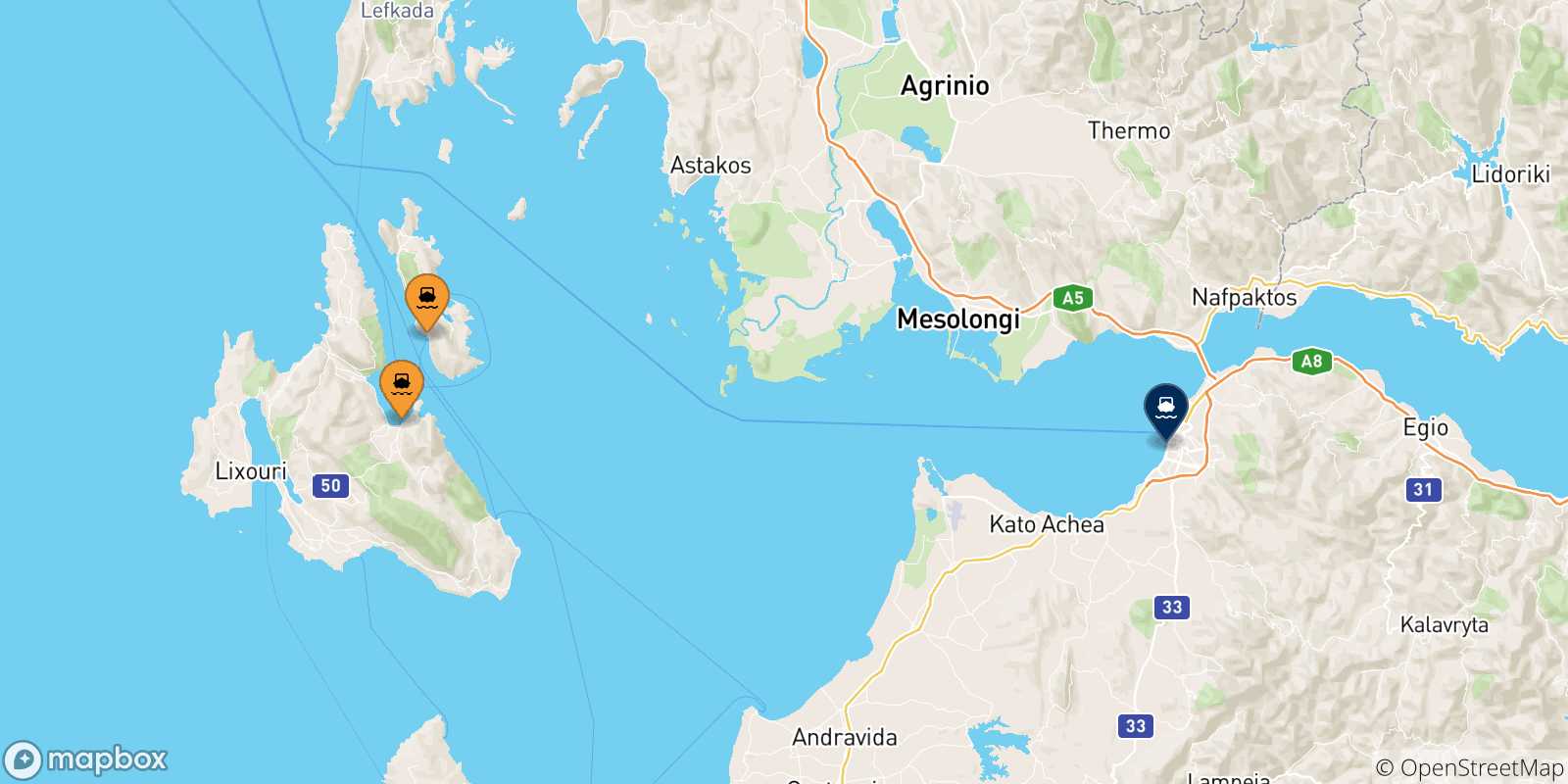 Mappa delle possibili rotte tra la Grecia e Patrasso