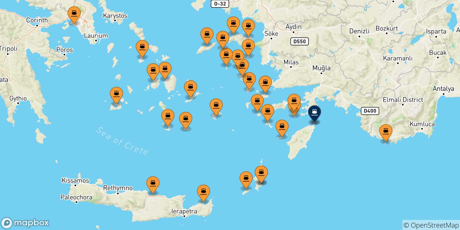 Mappa delle possibili rotte tra la Grecia e Rodi