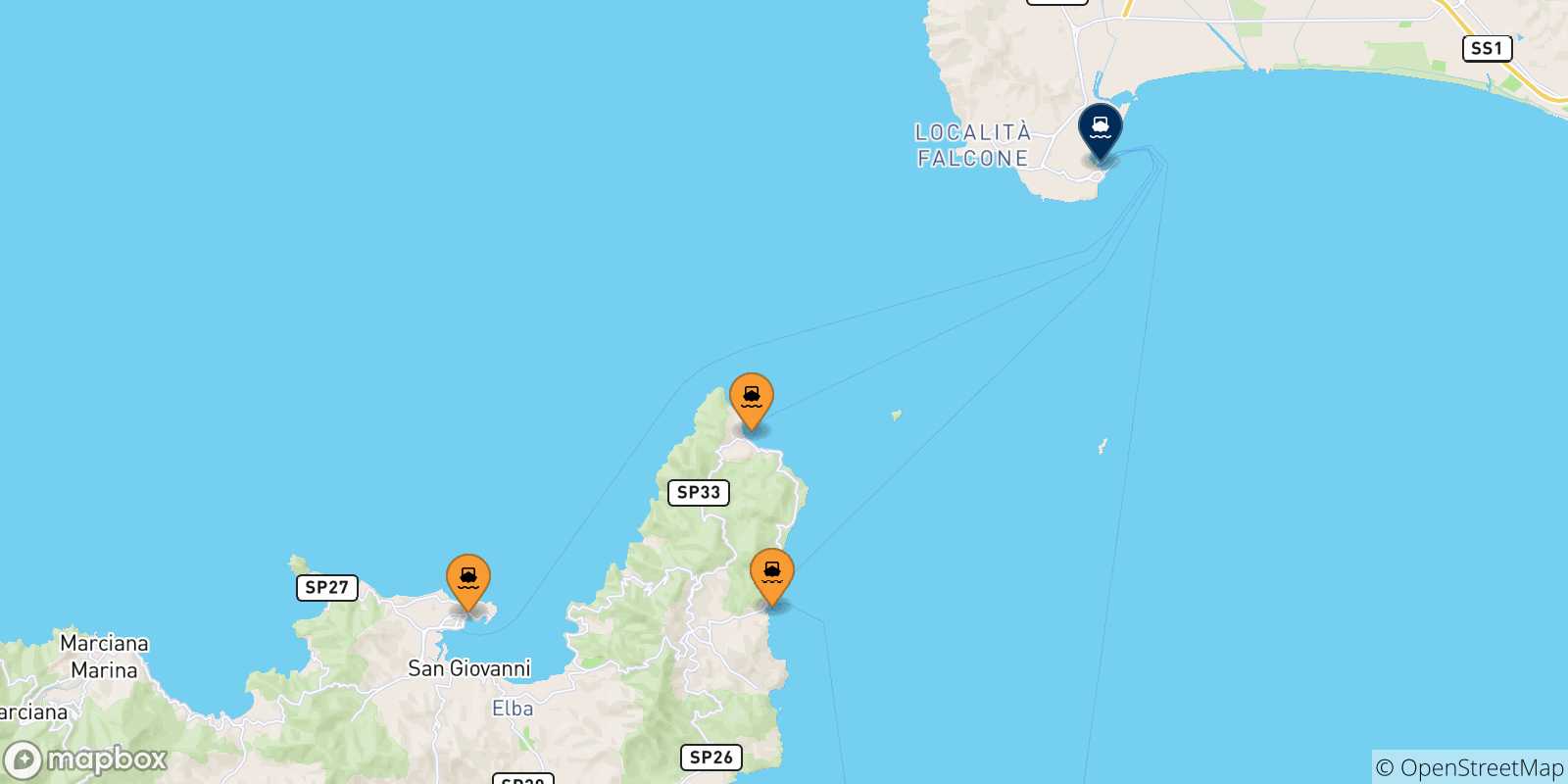 Mappa delle possibili rotte tra l'Isola D'elba e Piombino