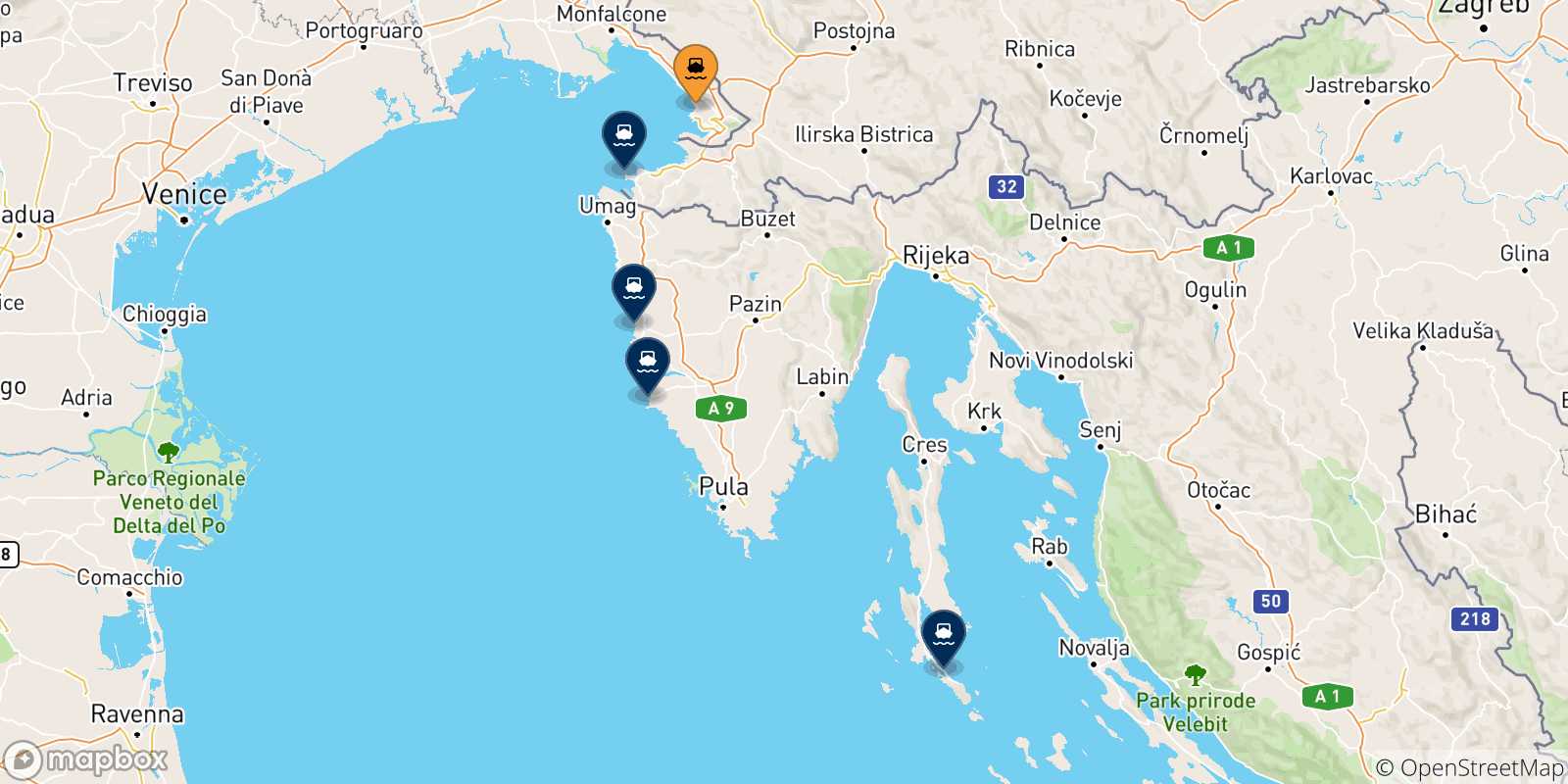 Mappa delle possibili rotte tra Trieste e la Croazia