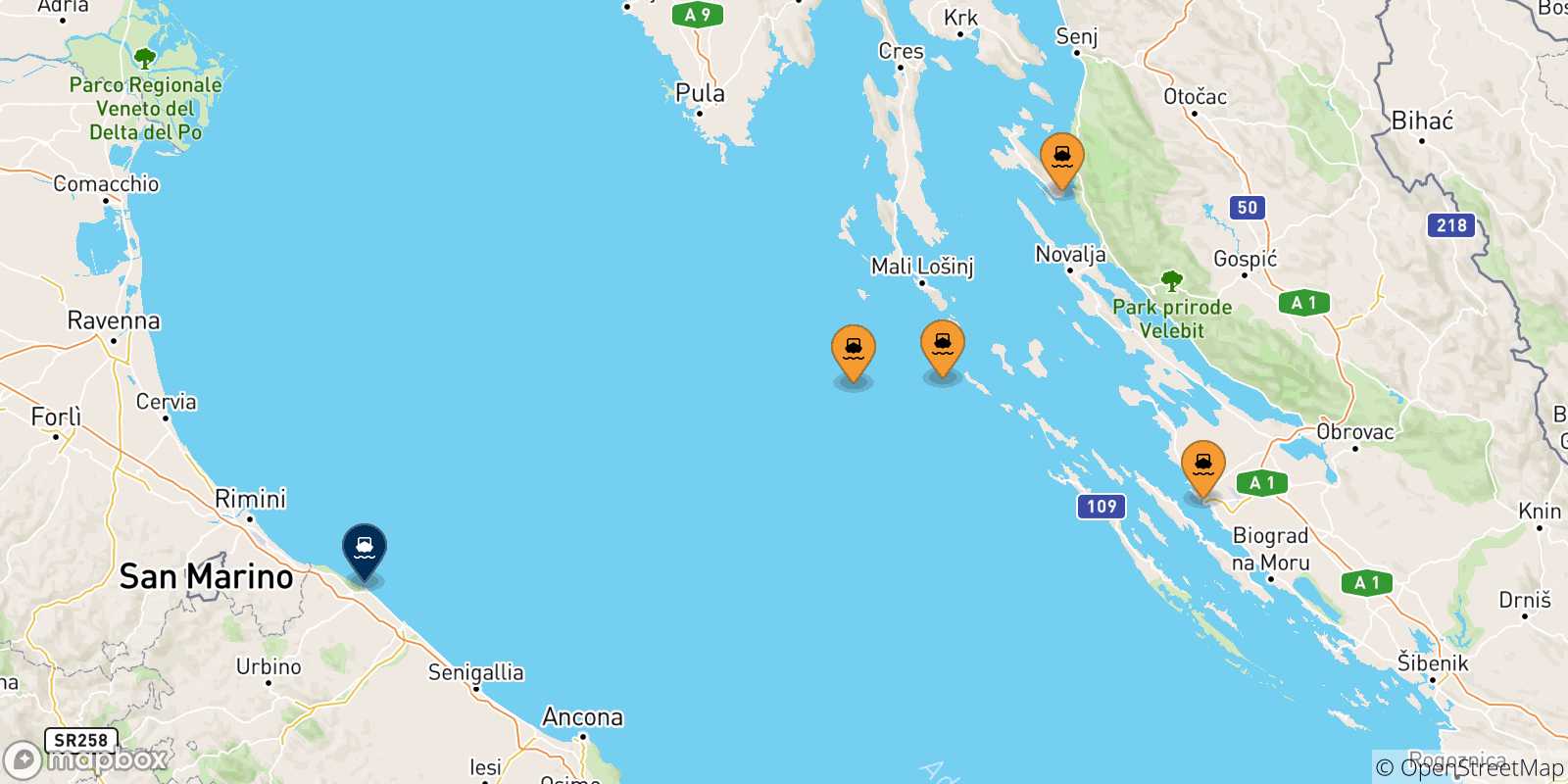 Mappa delle possibili rotte tra la Croazia e Pesaro