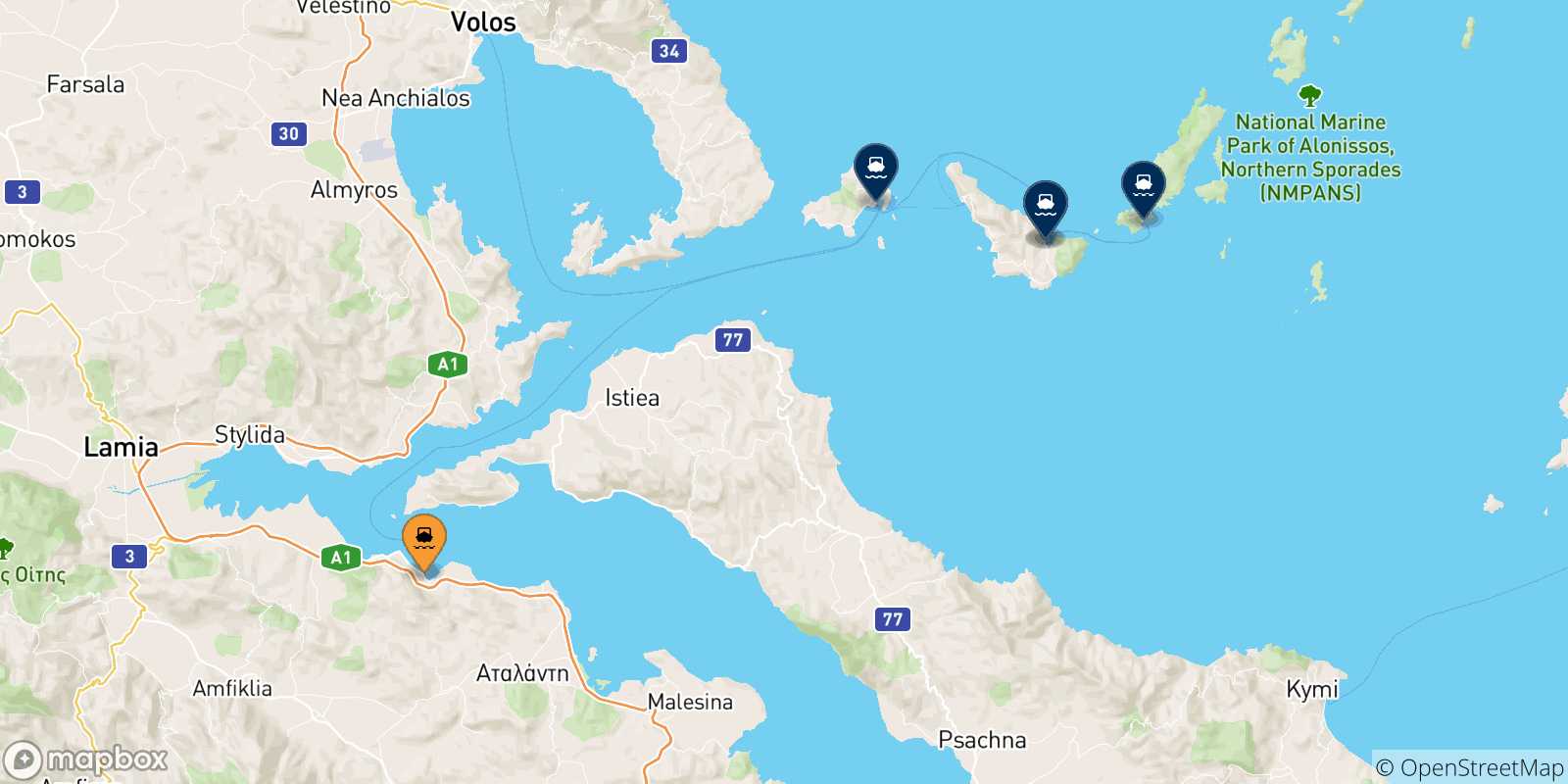Mappa delle possibili rotte tra Agios Konstantinos e la Grecia