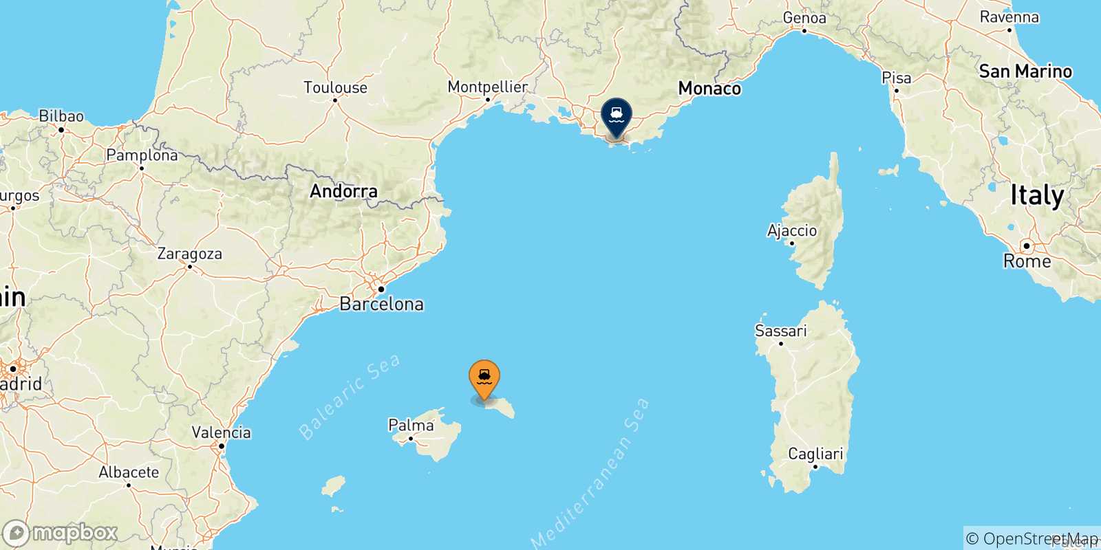 Mappa delle possibili rotte tra Ciutadella (Minorca) e la Francia