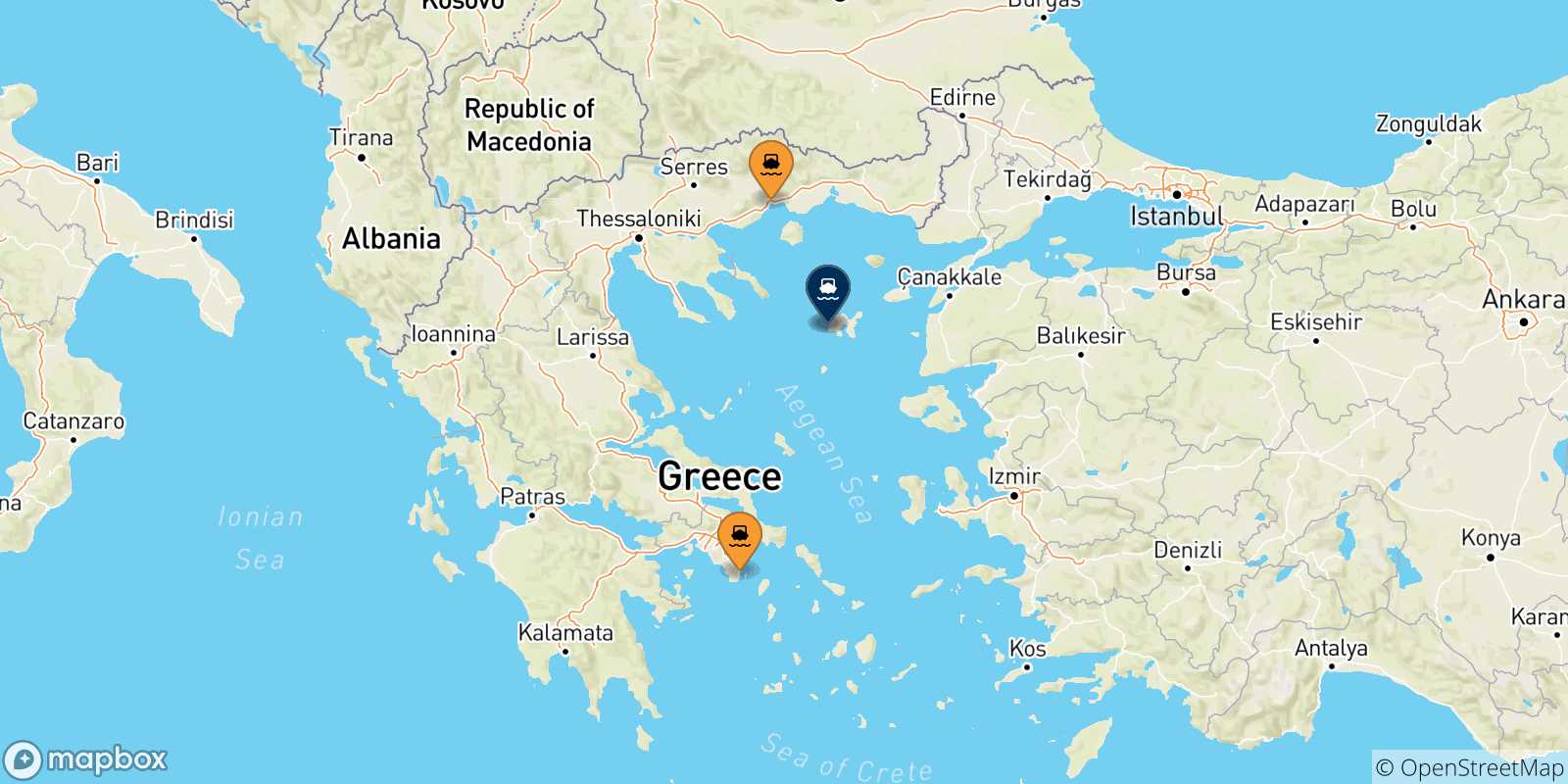 Mappa delle possibili rotte tra la Grecia e Agios Efstratios