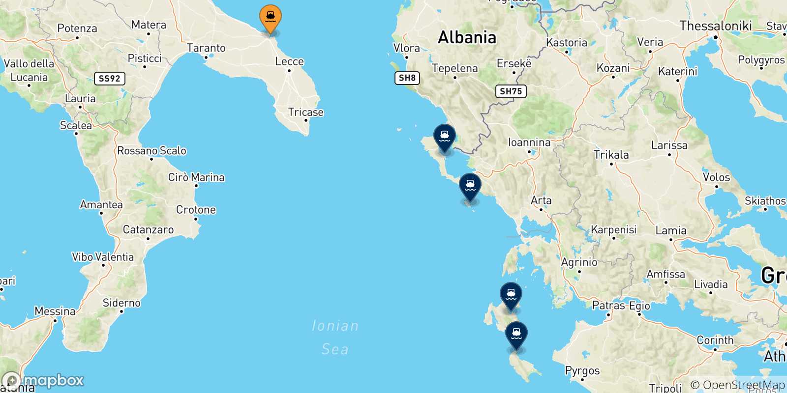 Mappa delle possibili rotte tra Brindisi e le Isole Ionie