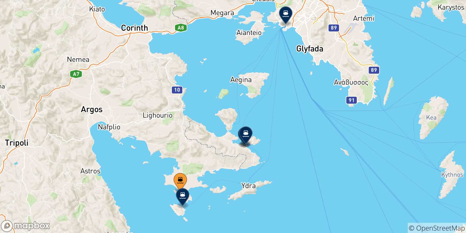 Mappa delle possibili rotte tra Porto Heli e la Grecia