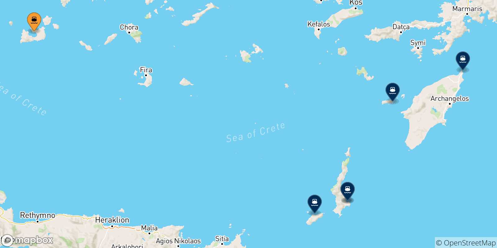 Mappa delle possibili rotte tra Milos e le Isole Dodecaneso