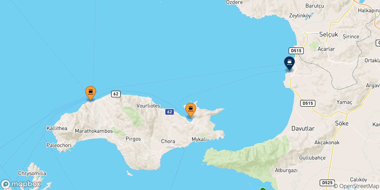 Mappa delle possibili rotte tra le Isole Egeo Nord Orientale e Kusadasi