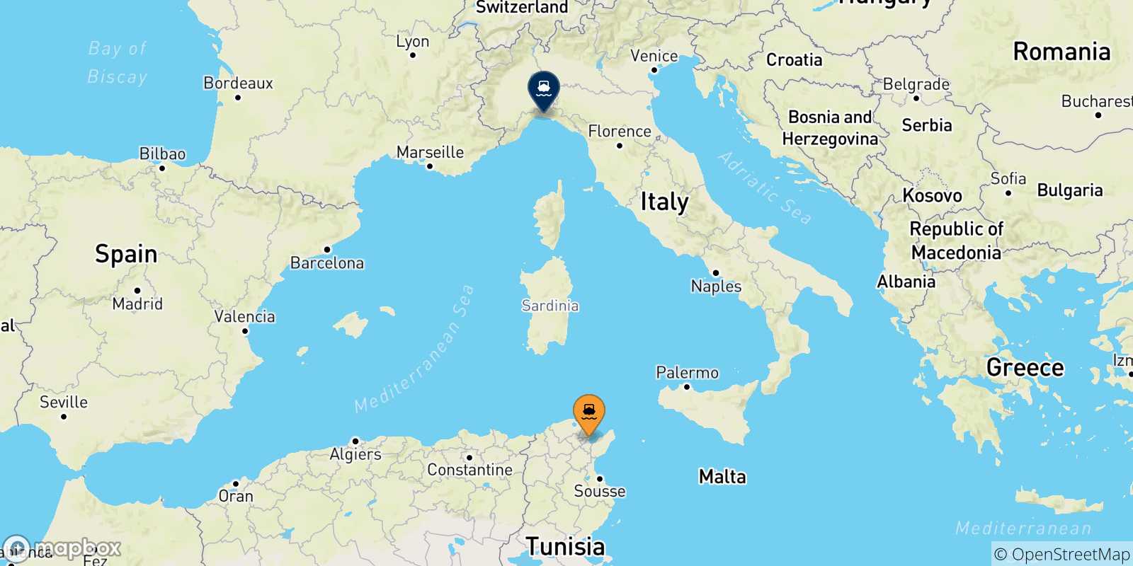 Mappa delle possibili rotte tra la Tunisia e Genova