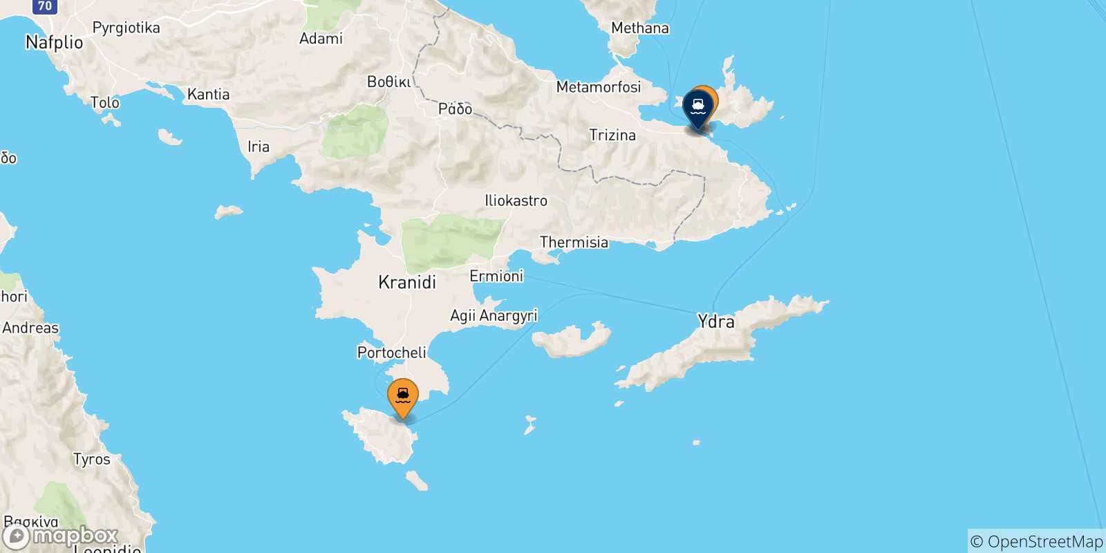 Mappa delle possibili rotte tra le Isole Saroniche e Hermioni