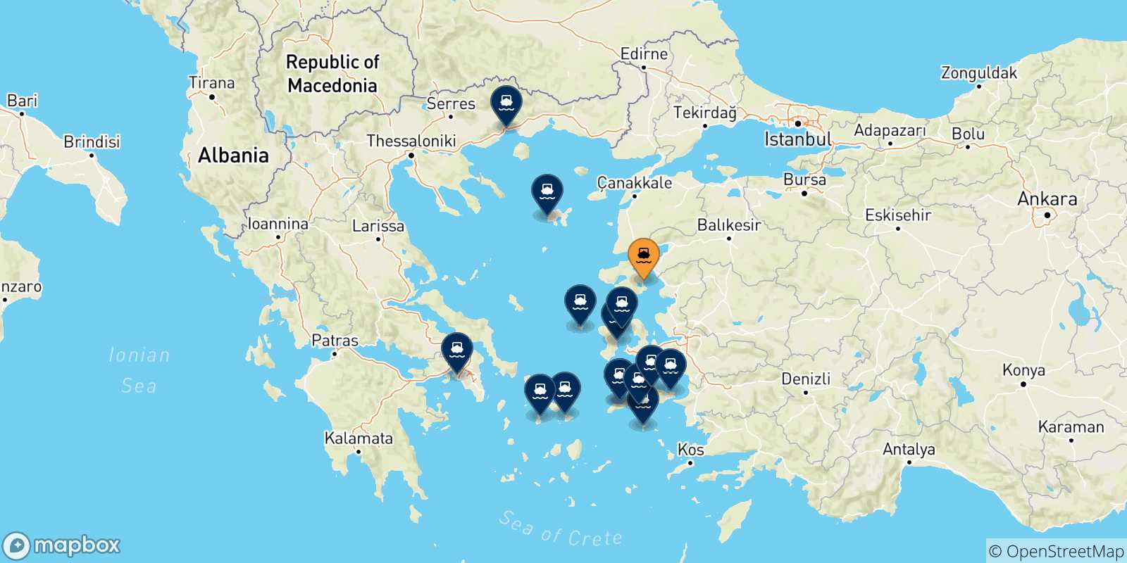 Mappa delle possibili rotte tra Mitilini (Lesvos) e la Grecia