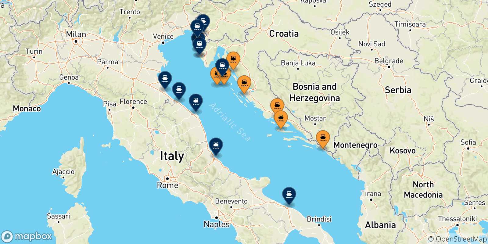Mappa delle destinazioni raggiungibili dalla Croazia