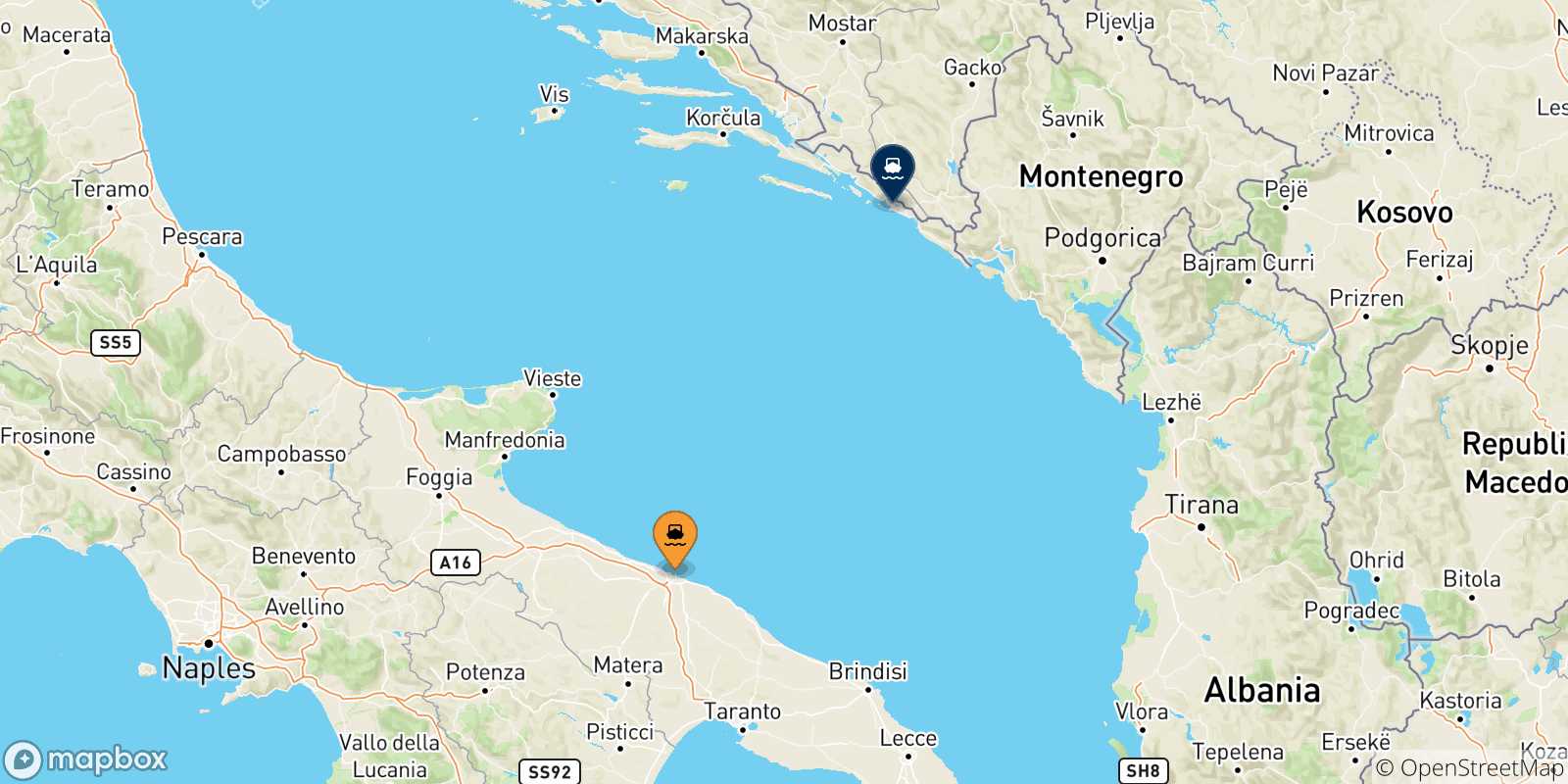 Mappa delle possibili rotte tra l'Italia e Dubrovnik