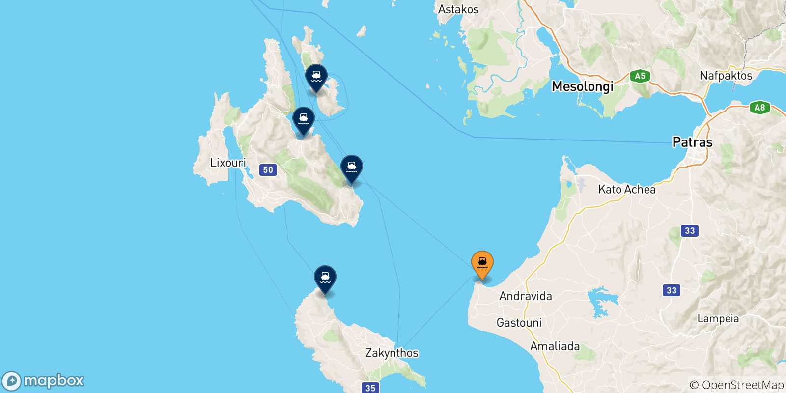 Mappa delle possibili rotte tra Killini e le Isole Ionie