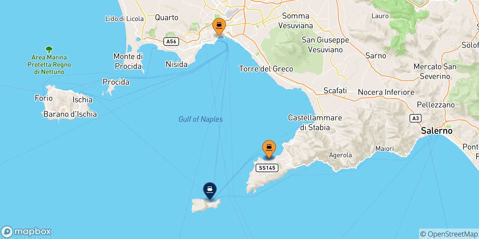 Mappa delle possibili rotte tra l'Italia e Capri
